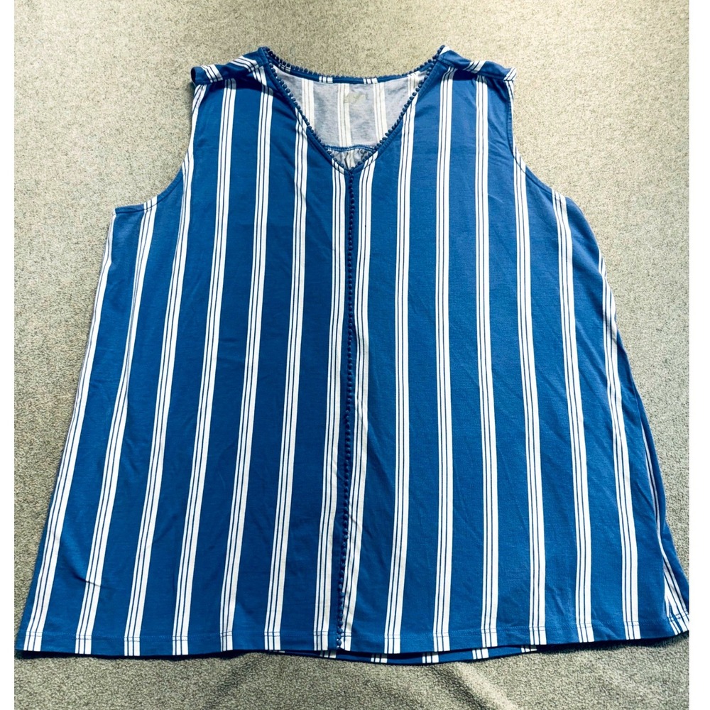Lands End Striped Tank Top Womens 1X Blue White Pom Pom Trim V-Neck Sleeveless